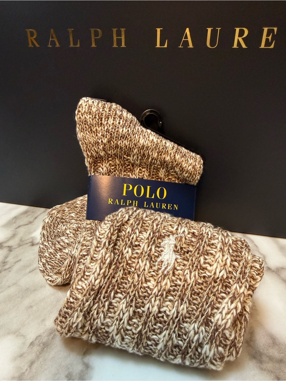 Polo Ralph Lauren Ribbed Boot Socks Brown Marled Cozy Winter NWT